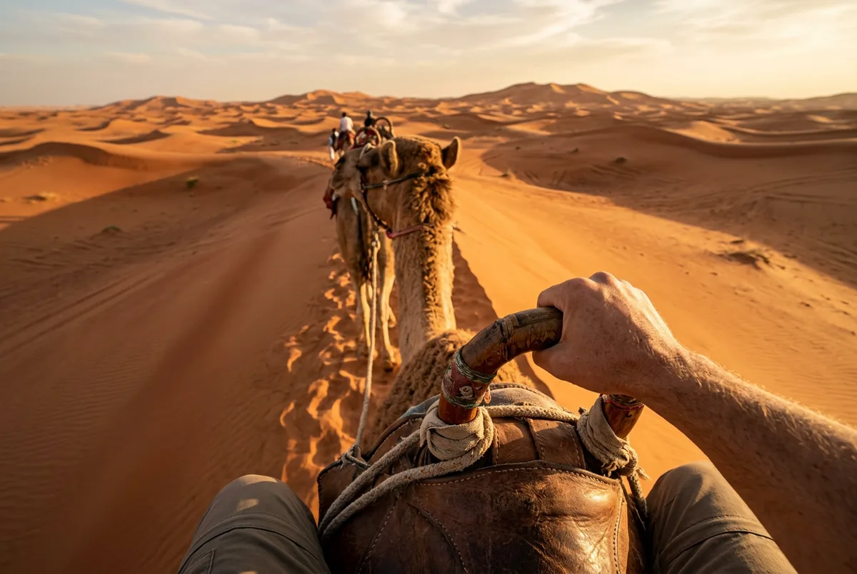 Photo stop on high dunes during a morning desert safari in Abu Dhabi