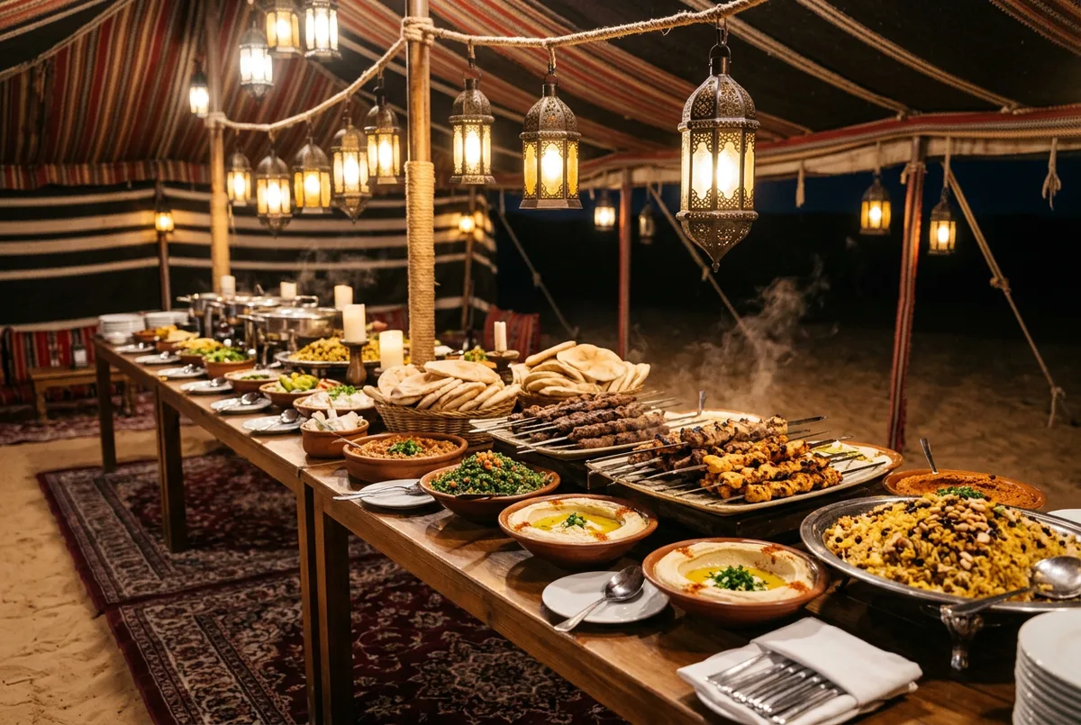 VIP dinner buffet spread at an Abu Dhabi desert safari camp