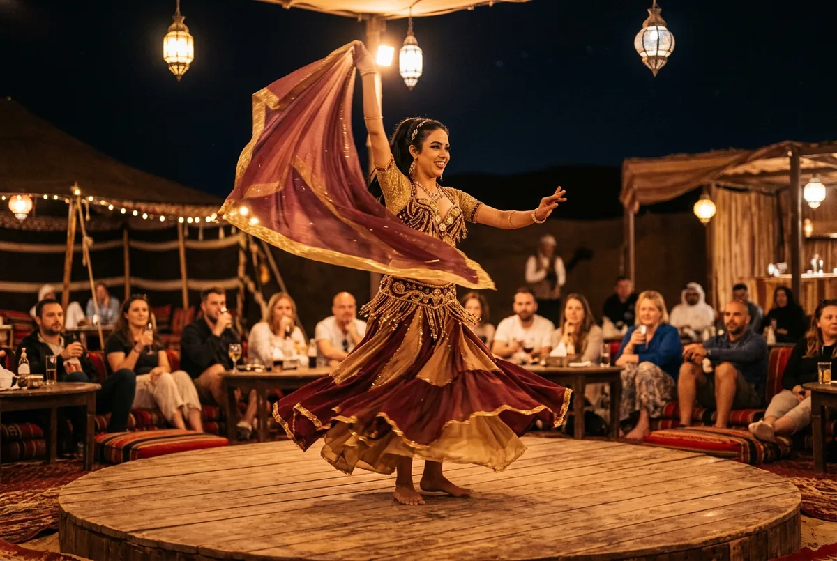 Belly dance performance at a Dubai desert safari camp in the evening