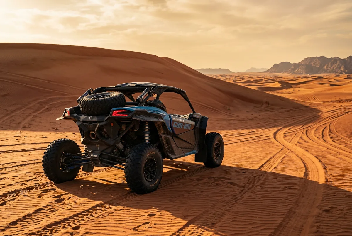 Rear view of a 2 seater dune buggy cresting a dune in Abu Dhabi