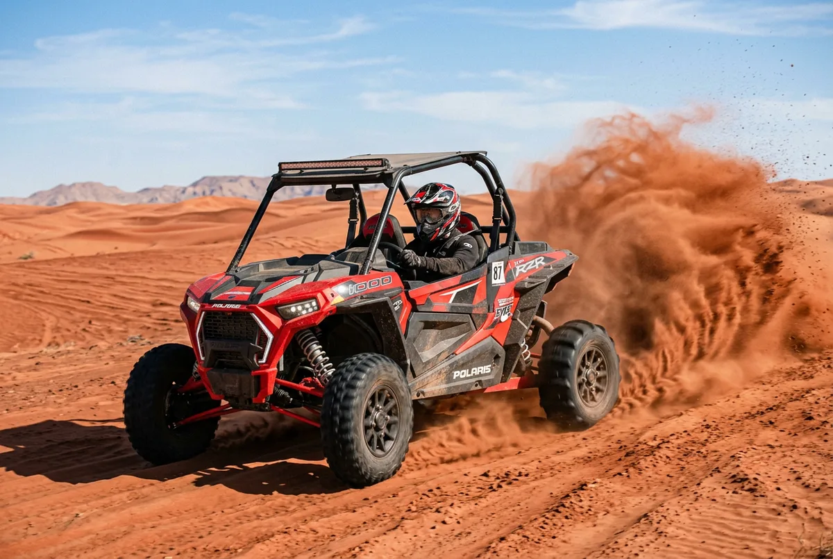 Single-seater dune buggy driving across Abu Dhabi desert dunes