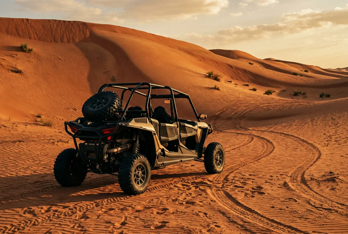 Rear view of a 4 seater dune buggy on desert dunes in Abu Dhabi