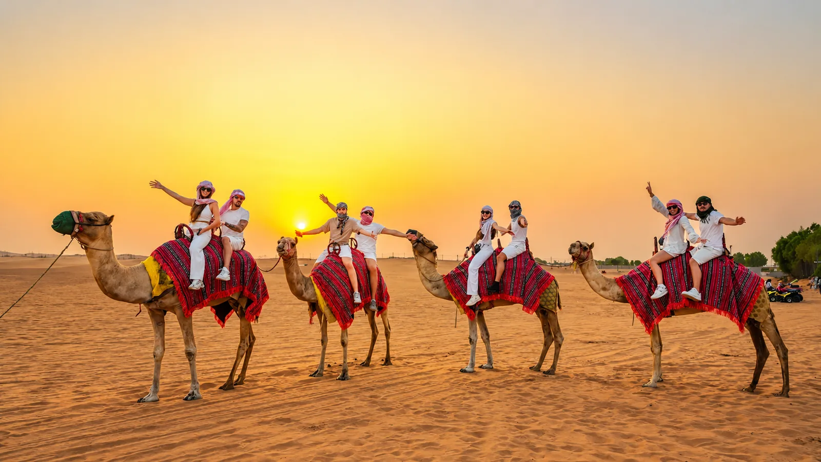 Group of tourists riding camels across Abu Dhabi dunes at sunset during an Evening Desert Safari