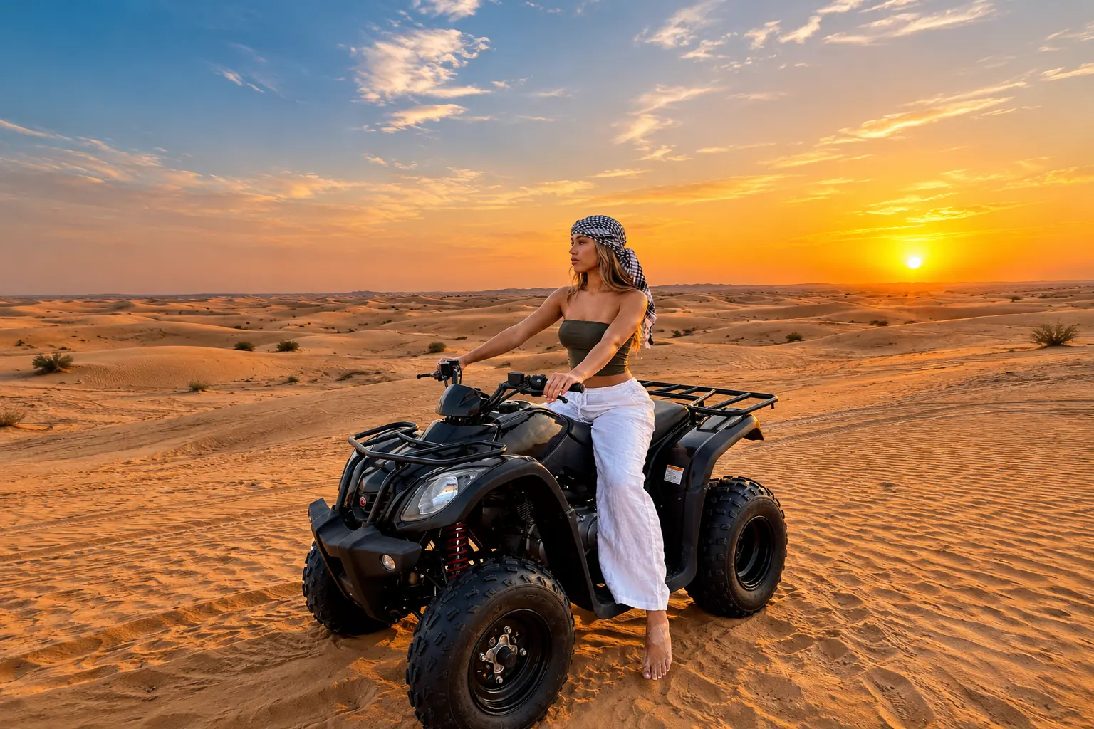 Red quad bikes at sunrise in the Abu Dhabi desert for a morning desert safari with quad bike