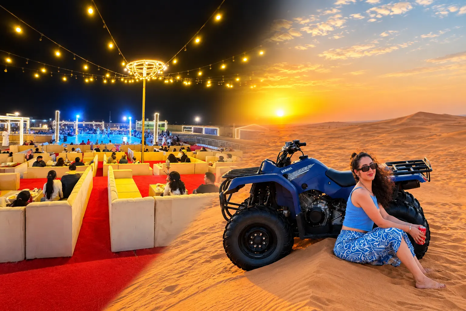 Two guests in a Polaris RZR dune buggy riding Abu Dhabi dunes during a VIP desert safari with quad bike
