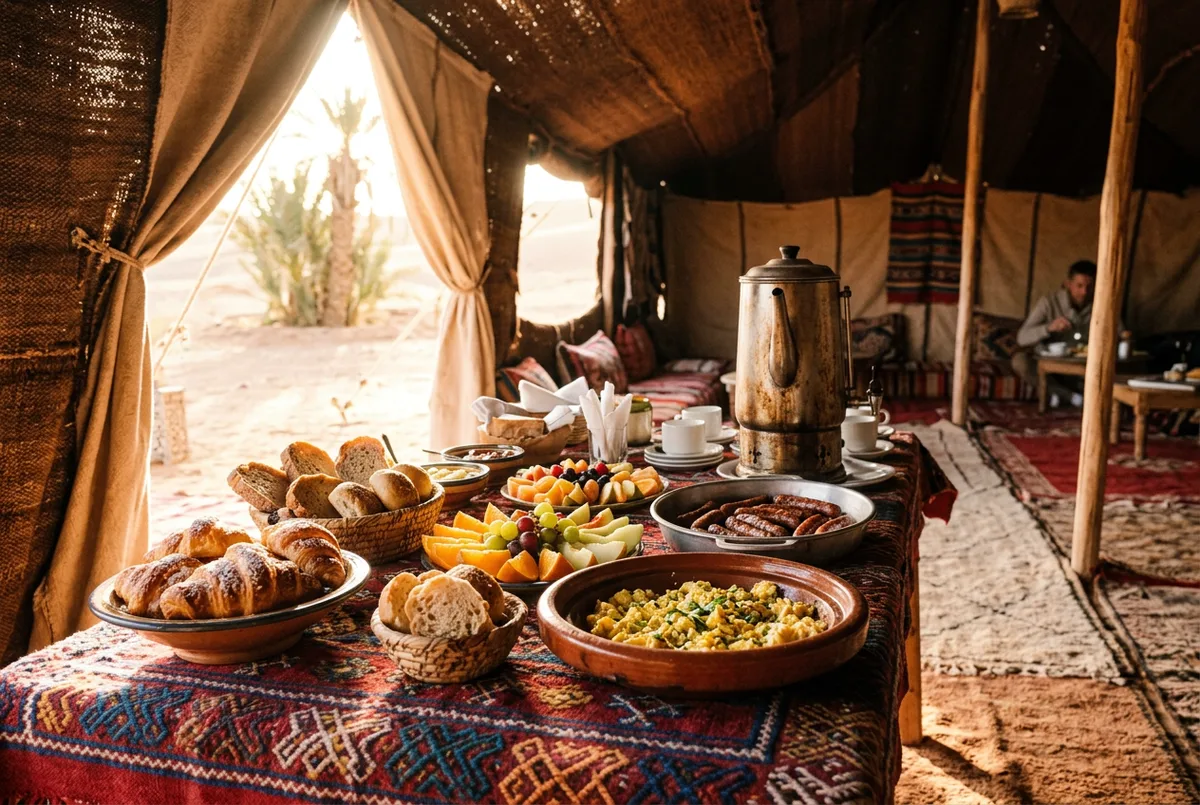 Morning breakfast spread after an overnight desert safari in Abu Dhabi